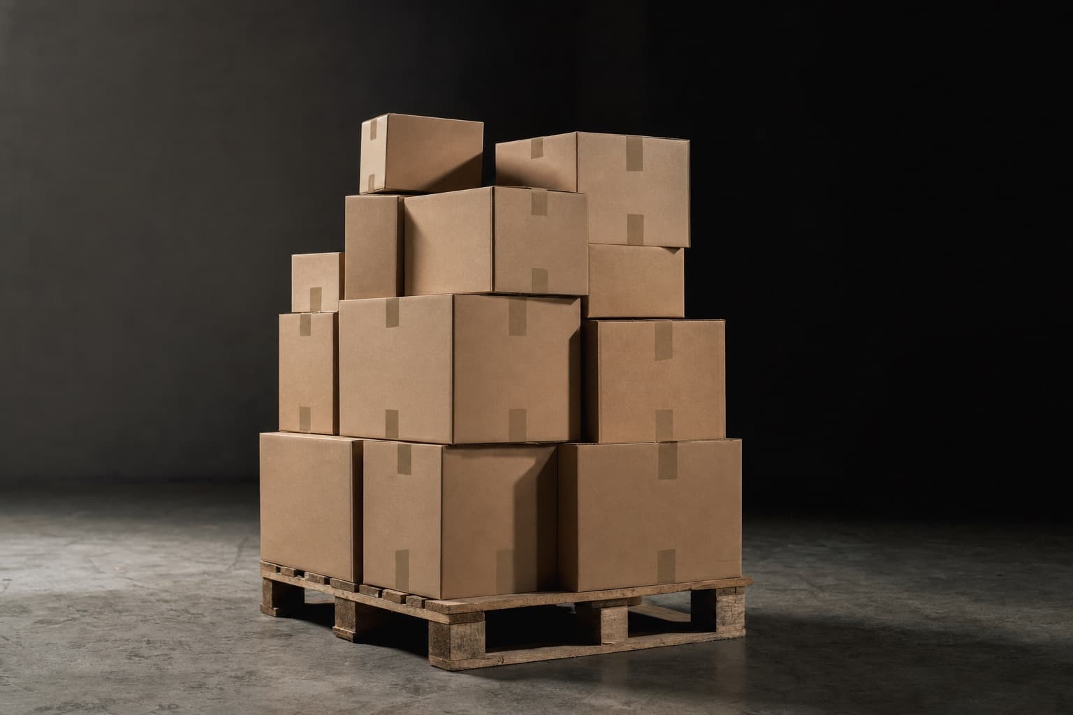 A loose, slightly uneven stack of cardboard cartons on a wooden pallet on a concrete warehouse floor