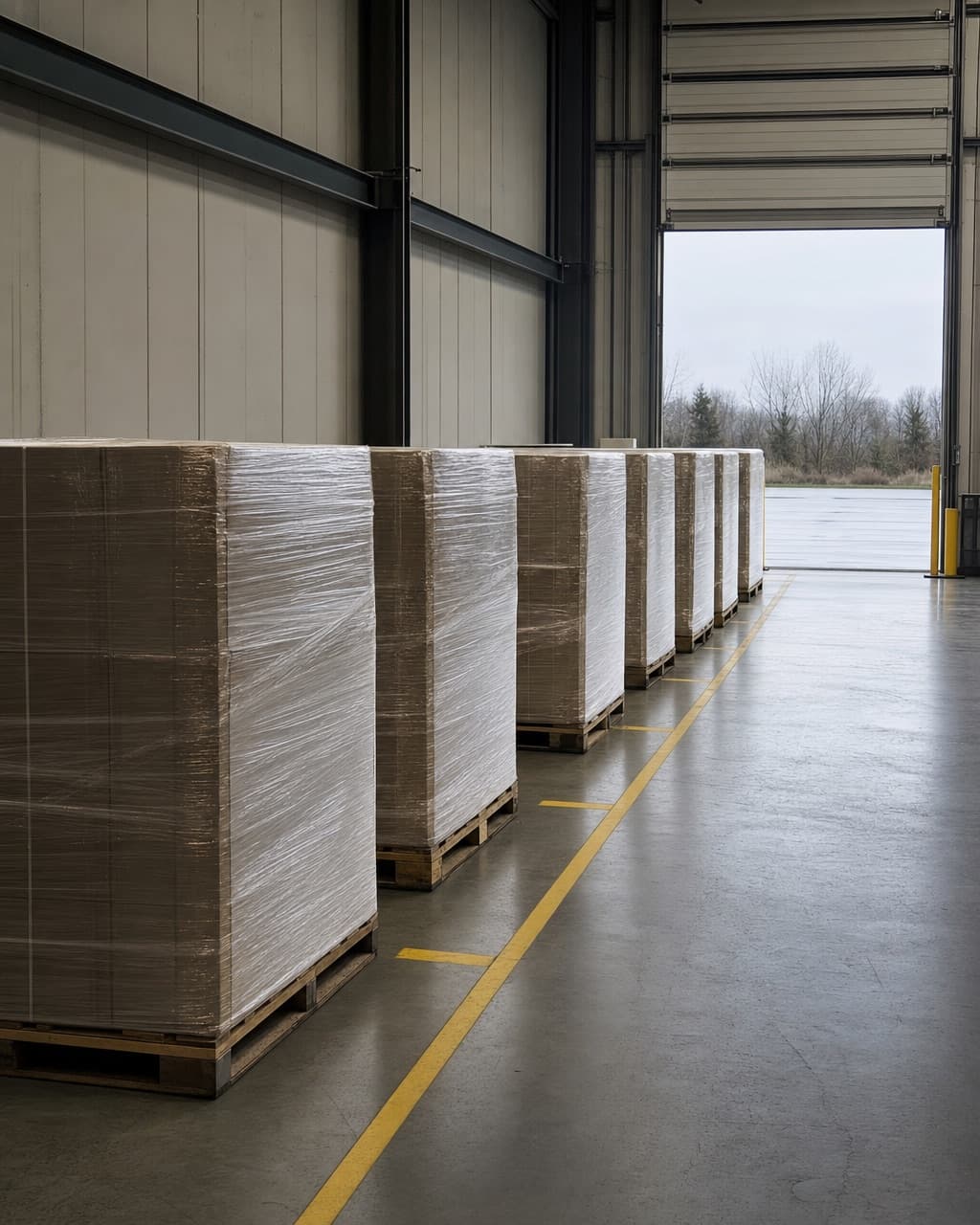 A line of shrink wrapped pallets staged along a warehouse dock door with floor markings for the staging lane