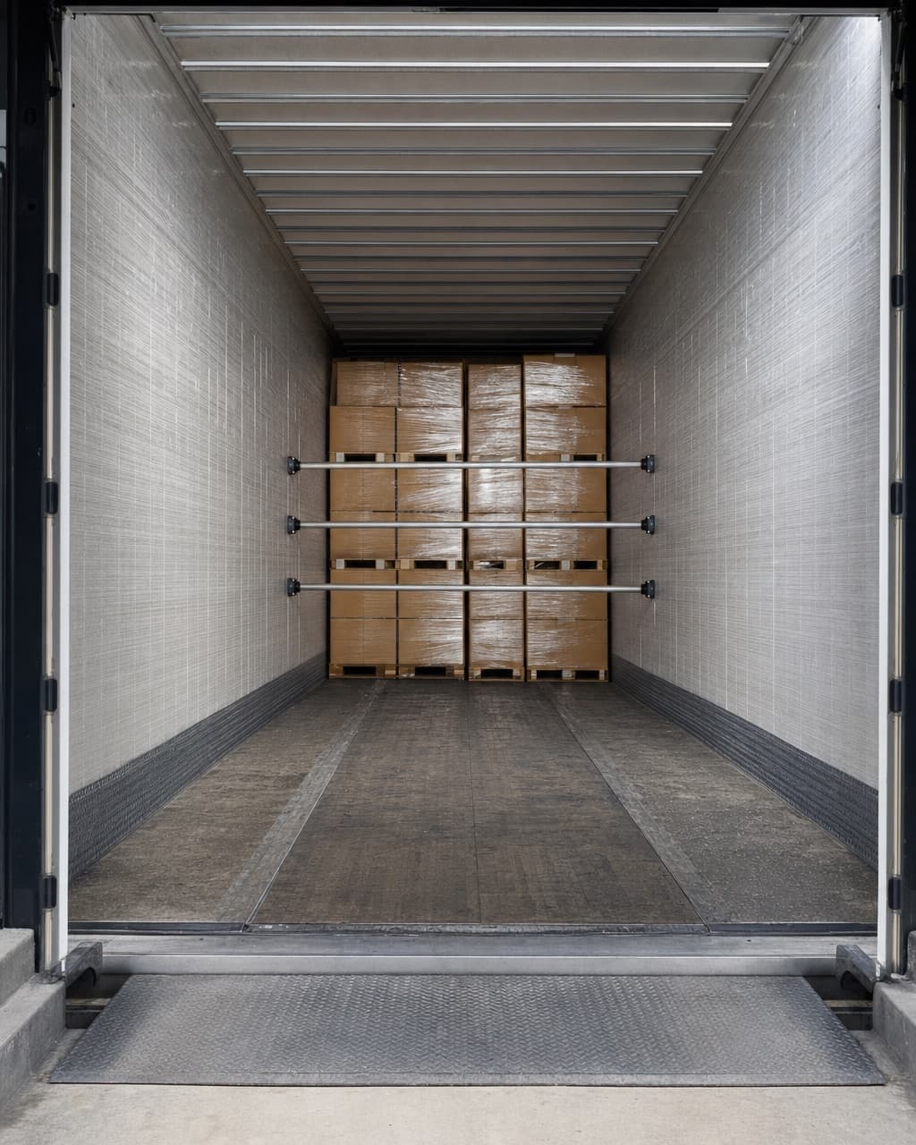The interior of a partly loaded trailer with pallets tight to the nose and load bars across the remaining space