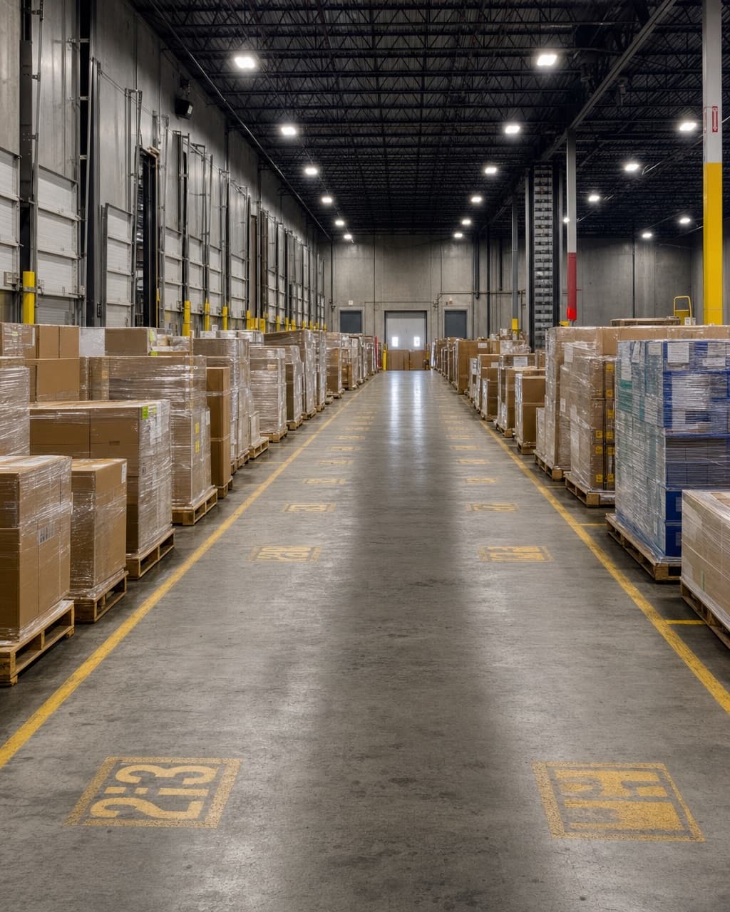 A freight cross dock aisle with pallets on both sides awaiting transfer and numbered bay markings on the concrete