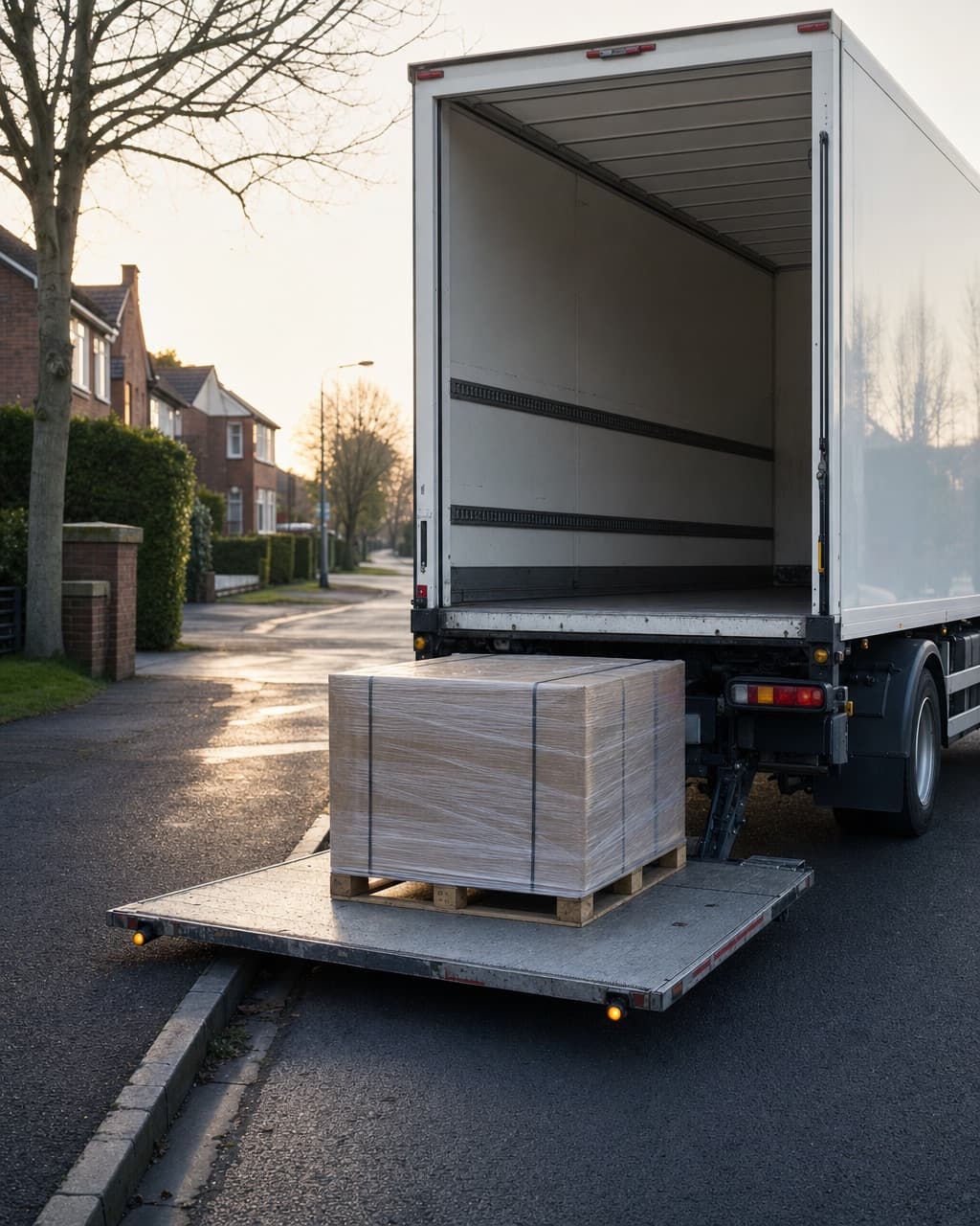 A liftgate lowered at the rear of a box truck on a residential kerb with a single wrapped pallet on the platform