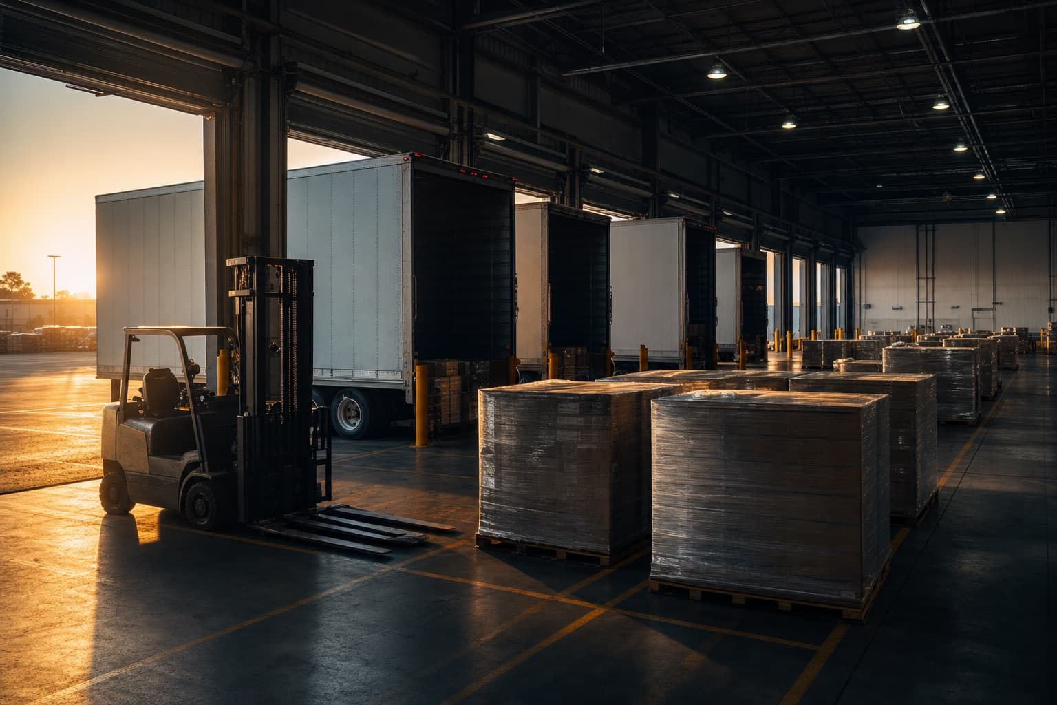 A freight cross-dock at dawn, trailers backed in and wrapped pallets staged in floor-marked lanes