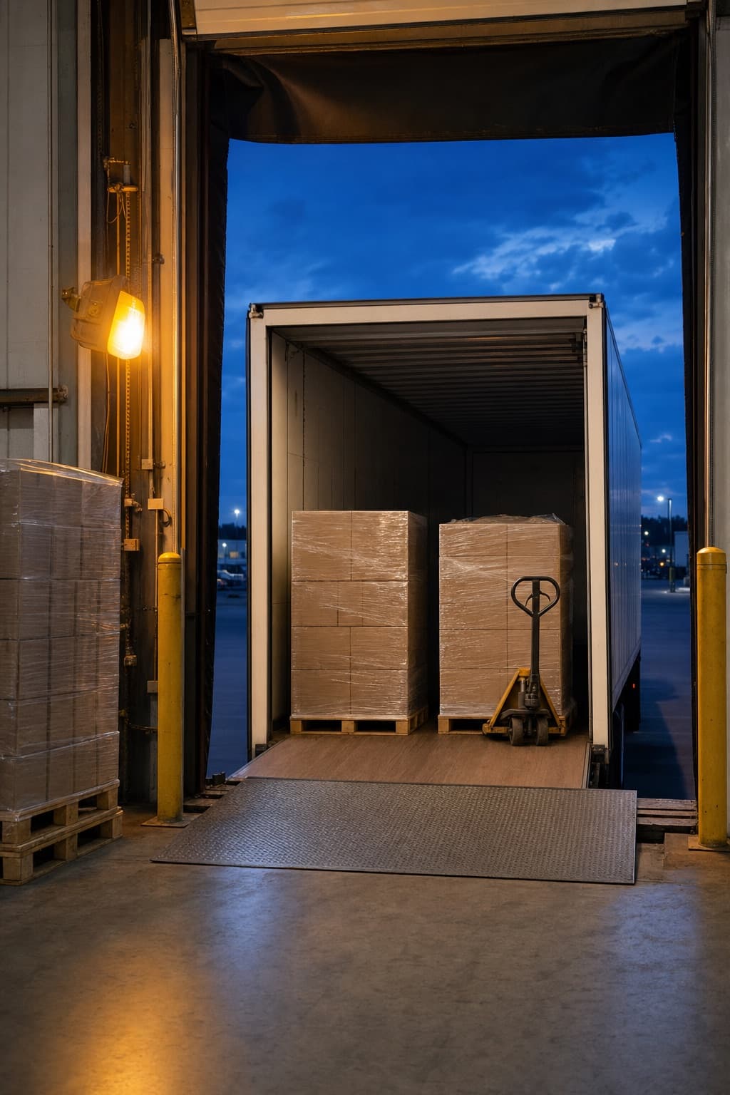 A trailer being loaded at dusk, dock plate down and two pallets staged at the trailer mouth