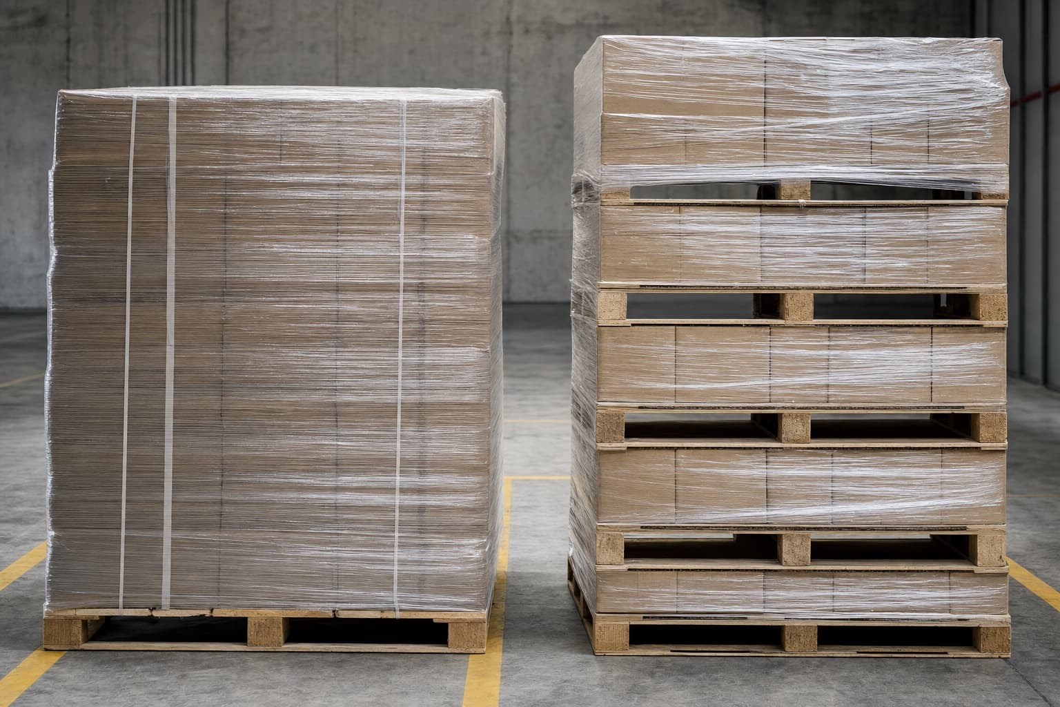 Two wrapped pallets side by side, one dense and compact, one tall and light with void space