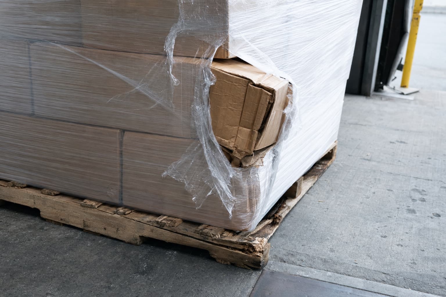 A pallet with visible damage after transit, the wrap torn on one corner and a carton crushed