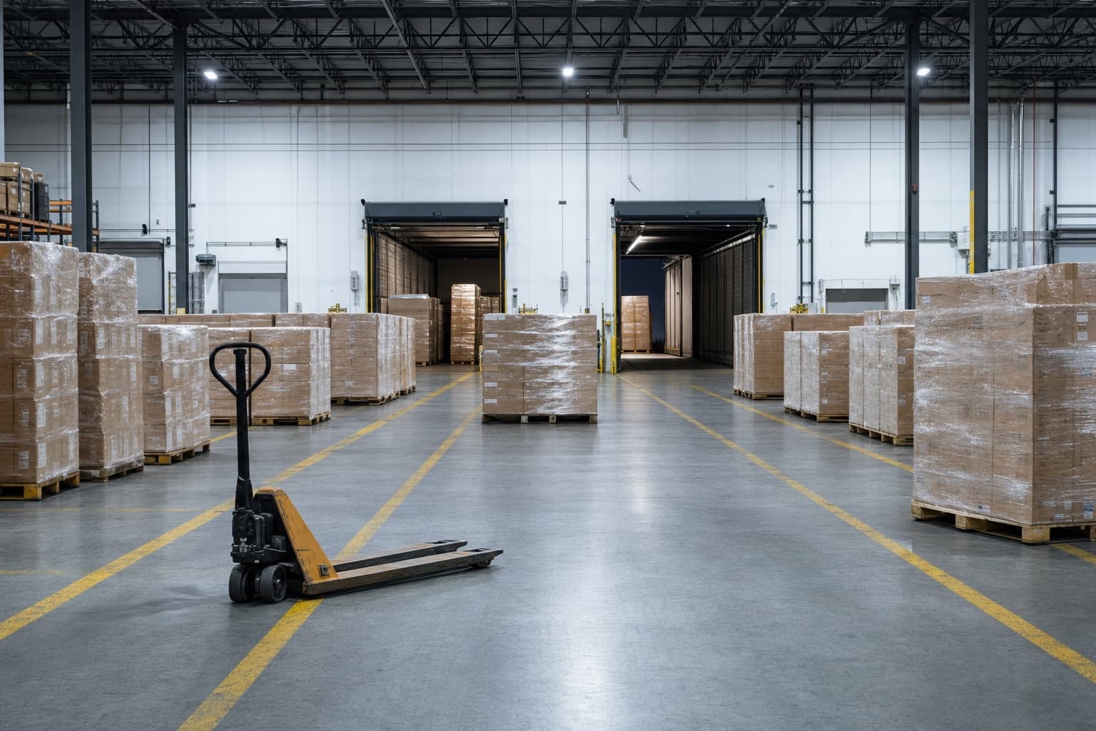 A cross-dock mid-shift, pallets staged in numbered floor lanes with two trailers open at the end
