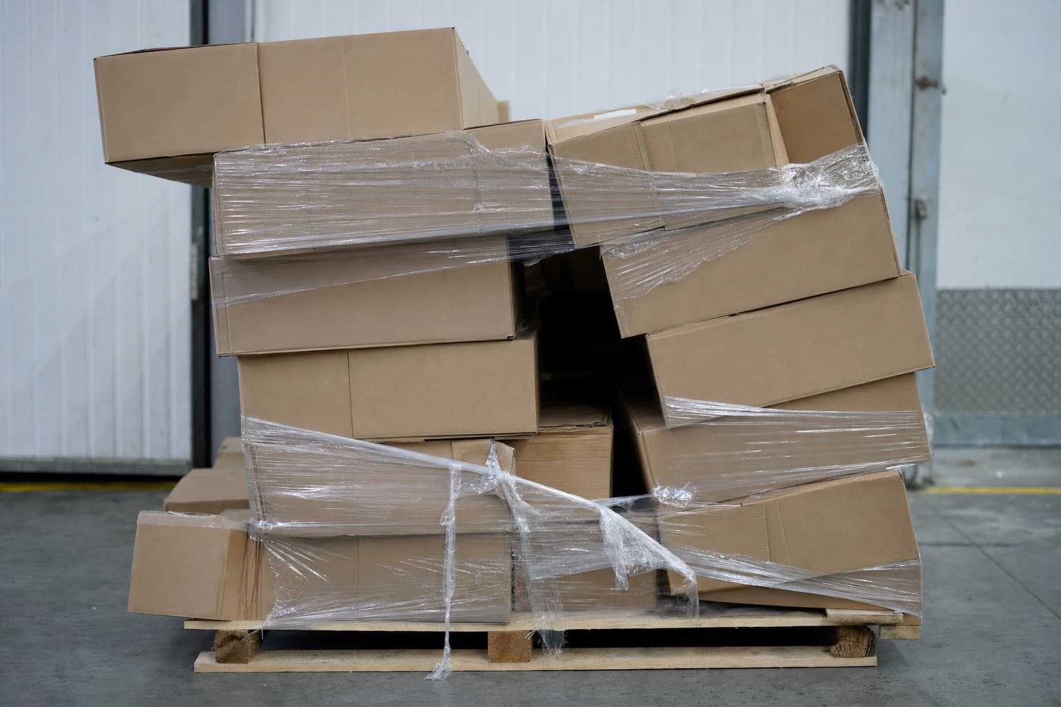 A pallet being stretch-wrapped on a warehouse floor, cartons stacked in even columns before pickup