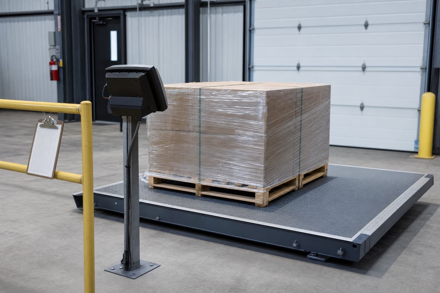 A freight scale platform with a wrapped pallet on it and a clipboard on the rail beside it