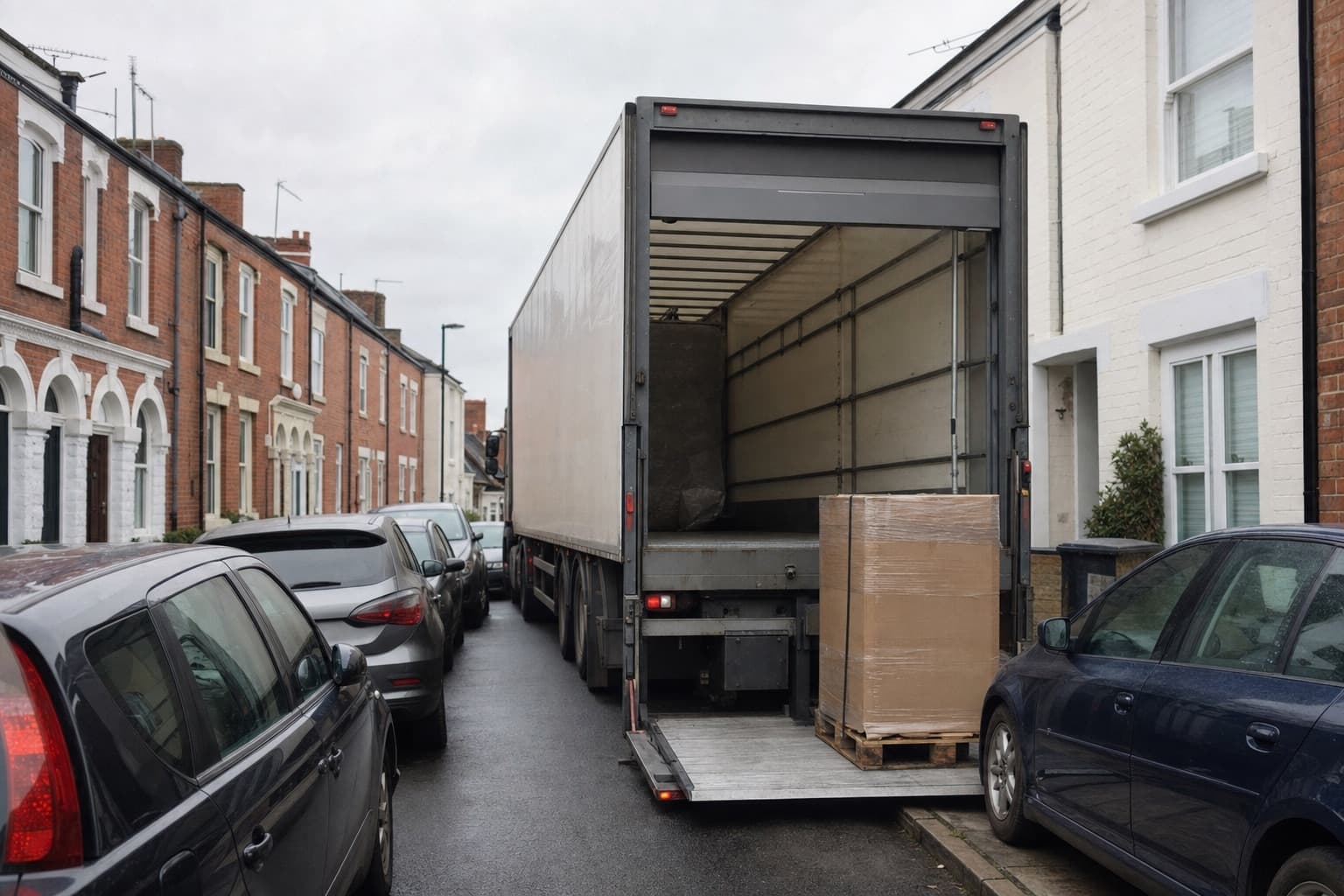 A large trailer on a narrow residential street, a pallet on the liftgate at the kerb