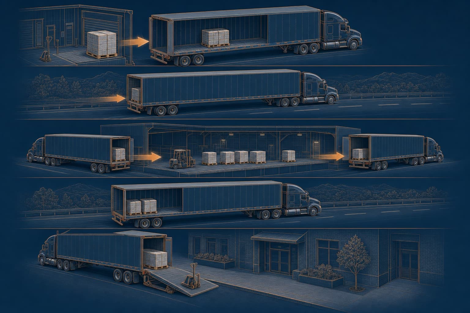 Cutaway of an LTL journey: shipper dock, linehaul, cross-dock transfer, second linehaul, kerbside delivery
