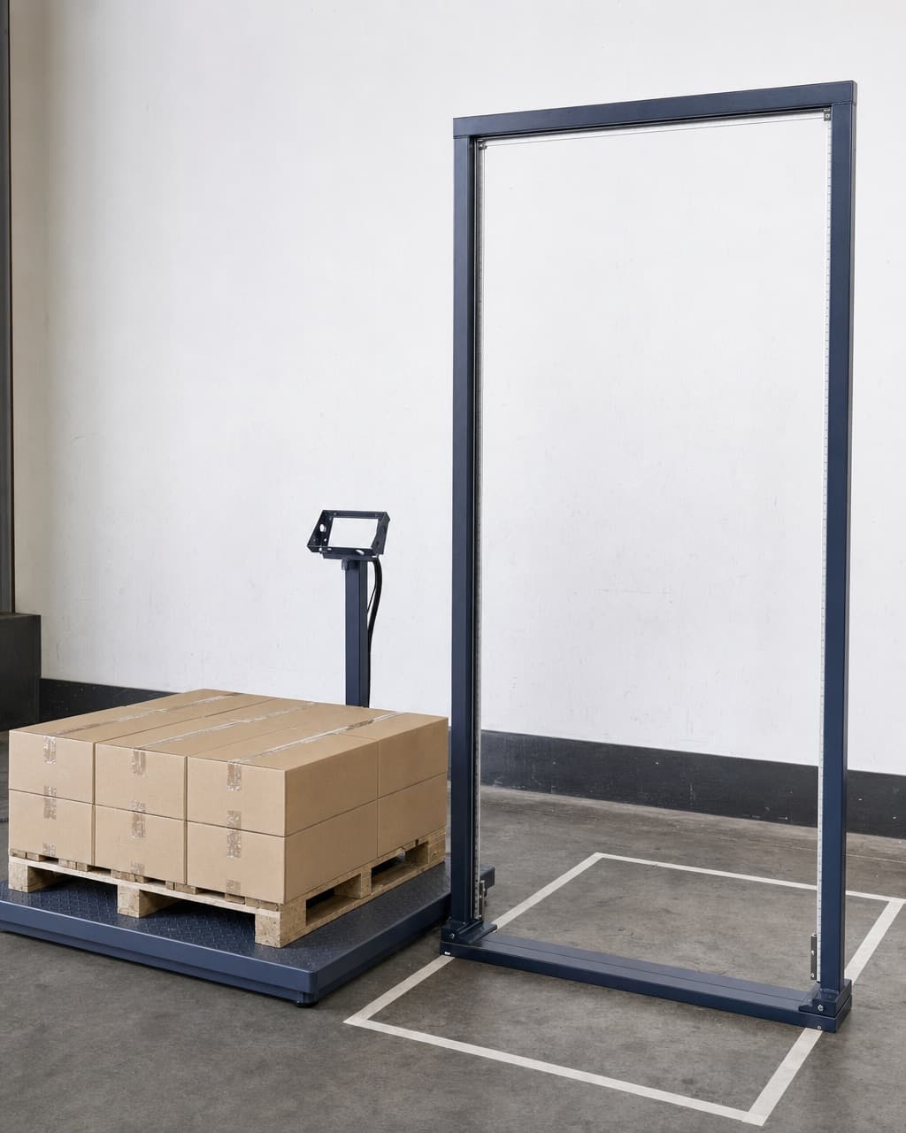 A wrapped pallet on a floor scale beside a dimensioning frame, the measured footprint outlined in tape on the concrete