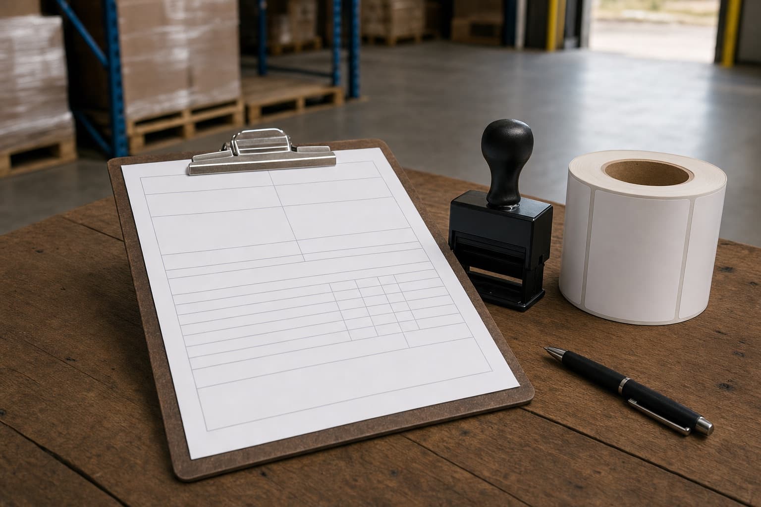 A blank bill of lading on a clipboard with a stamp, a pen and a roll of pallet labels