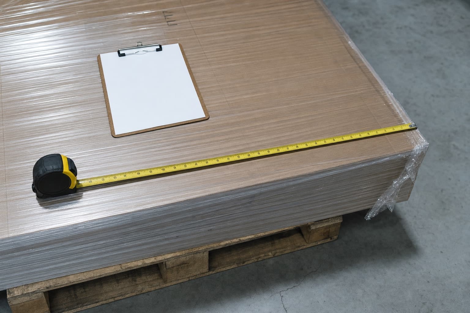 A tape measure extended across the width of a wrapped pallet, one side slightly overhanging