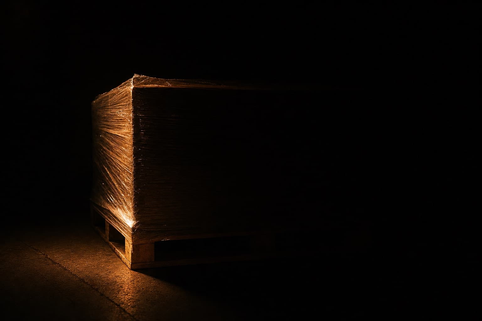 A single wrapped pallet lit from above on a dark warehouse floor